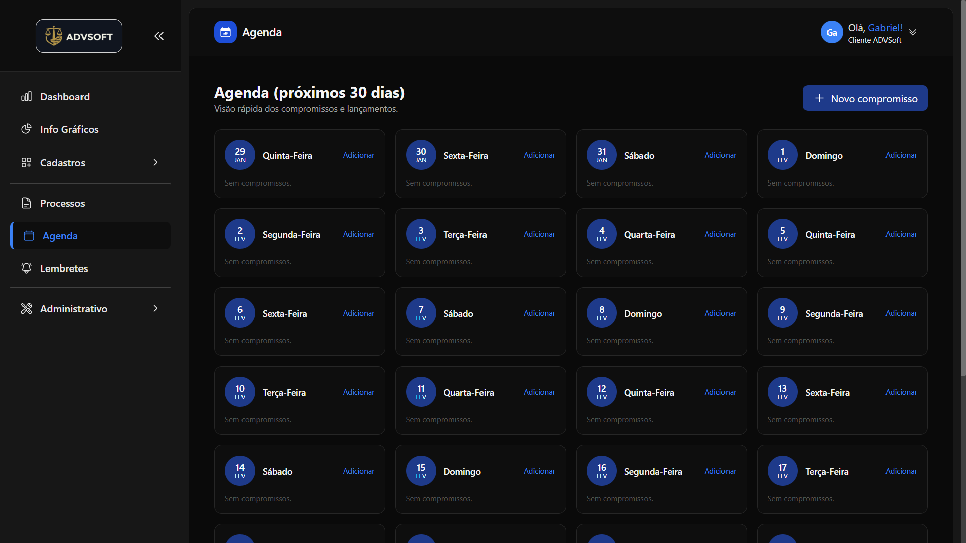 Agenda do ADVSoft - sistema de gestão para escritórios de advocacia